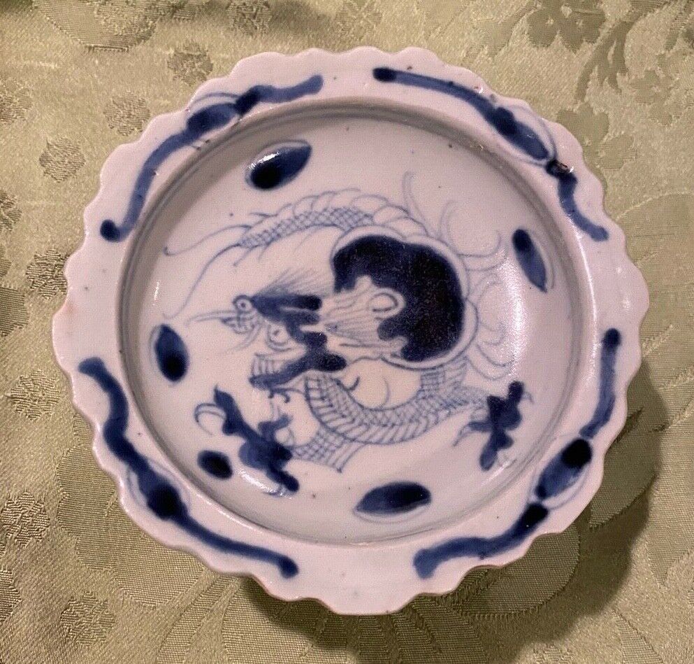 Antique Chinese Stem Bowl Blue & White Porcelain With Dragon Detailing
