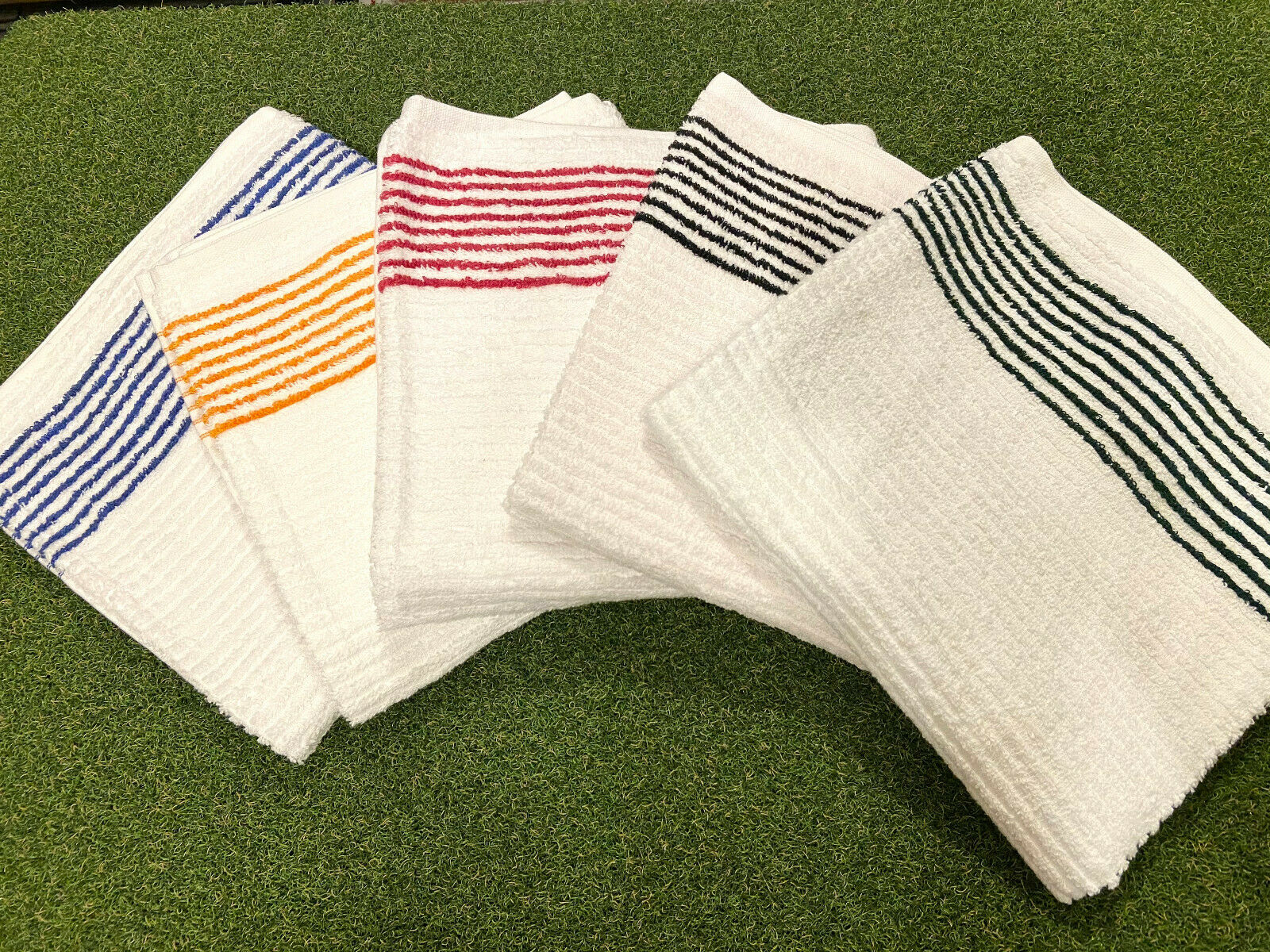 Large 22" X 44" Golf Tour Caddy Towel  - White W/ Blue, Black, Red, Green Stripe