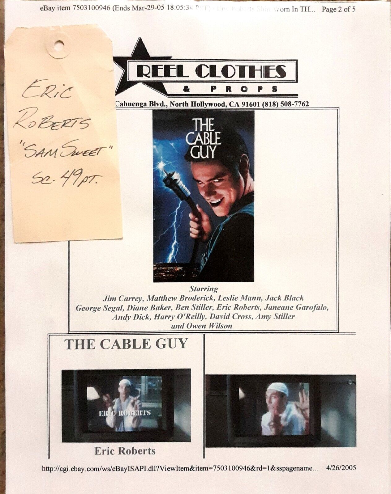 Eric Roberts Screen Worn Shirt  "the Cable Guy" Jim Carrey