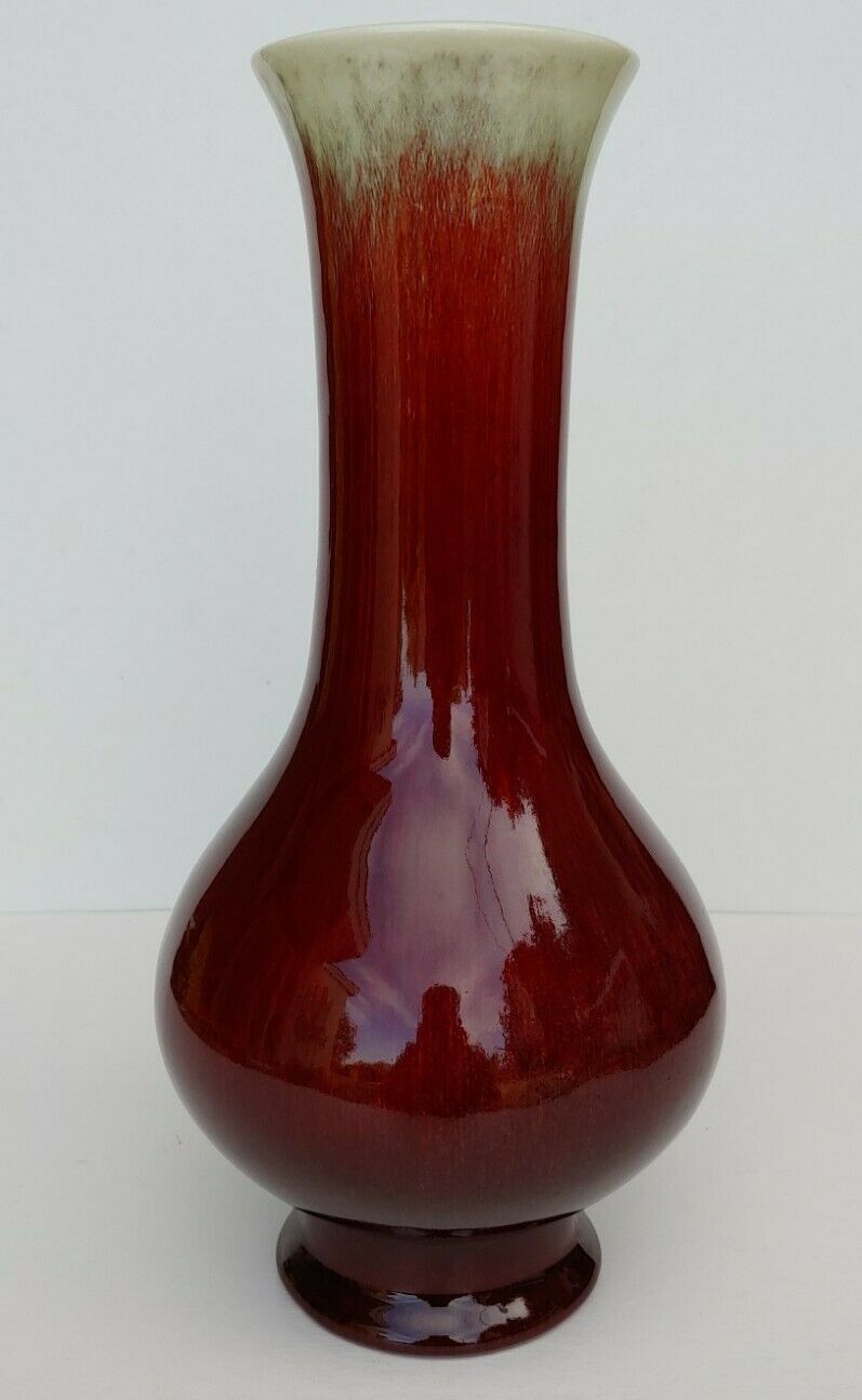 Vintage Catalina Pottery Gladding Mcbean Oxblood Red Vase 10.5" Tall Celadon Top